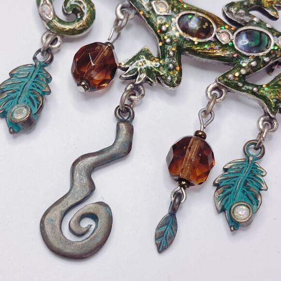 Vintage Green Enamel Gecko Lizard Brooch Abalone Shell Inlay Dangle Figural Pin - Picture 5 of 10